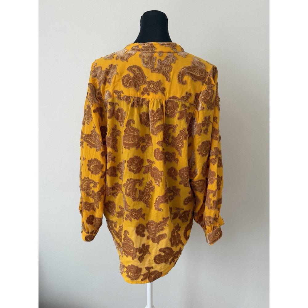 Pilcro Anthropologie Mustard Cotton Velvet Textured Floral Button Up Blouse L - Picture 2 of 8